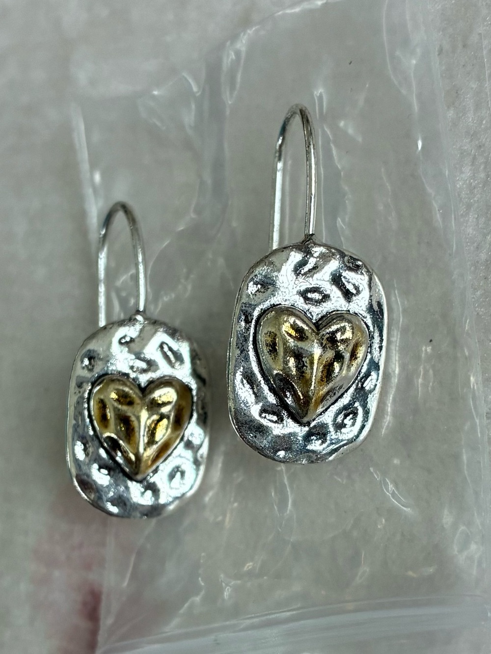 Two-Tone Heart Drop Earrings — Silver with Gold Accent